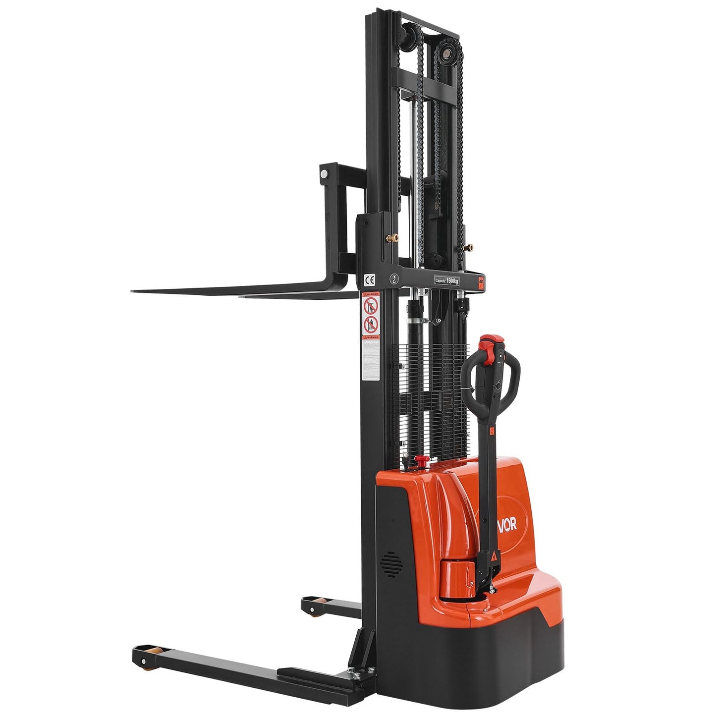 VEVOR Full Electric Pallet Stacker, 3300 lbs Capacity, 98.4'' Lifting Height, Pallet Lift Stacker Forklift with Straddle Legs & Forks, 8.66-31.1 Inches Adjustable Fork Width, Orange & Black