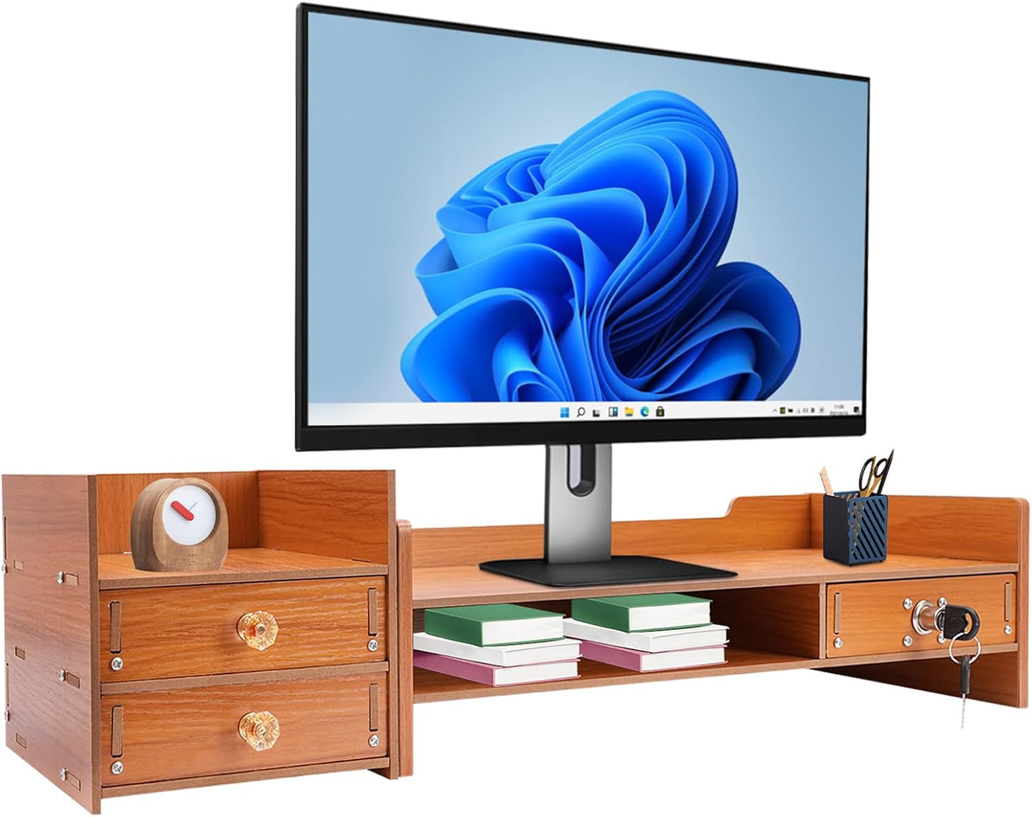 QUSKLISU (01) Computer Monitor Stand, Computer Rack with Drawers, Two top Platforms Desk Organizer Monitor Stand