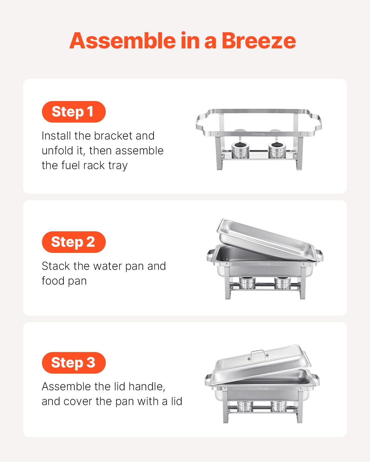 VEVOR Chafing Dish Buffet Set, 8 Qt 4 Pack, Stainless Chafer with 4 Full Size Pans, Rectangle Catering Warmer Server with Lid Water Pan Folding Stand Fuel Tray Holder Spoon Clip