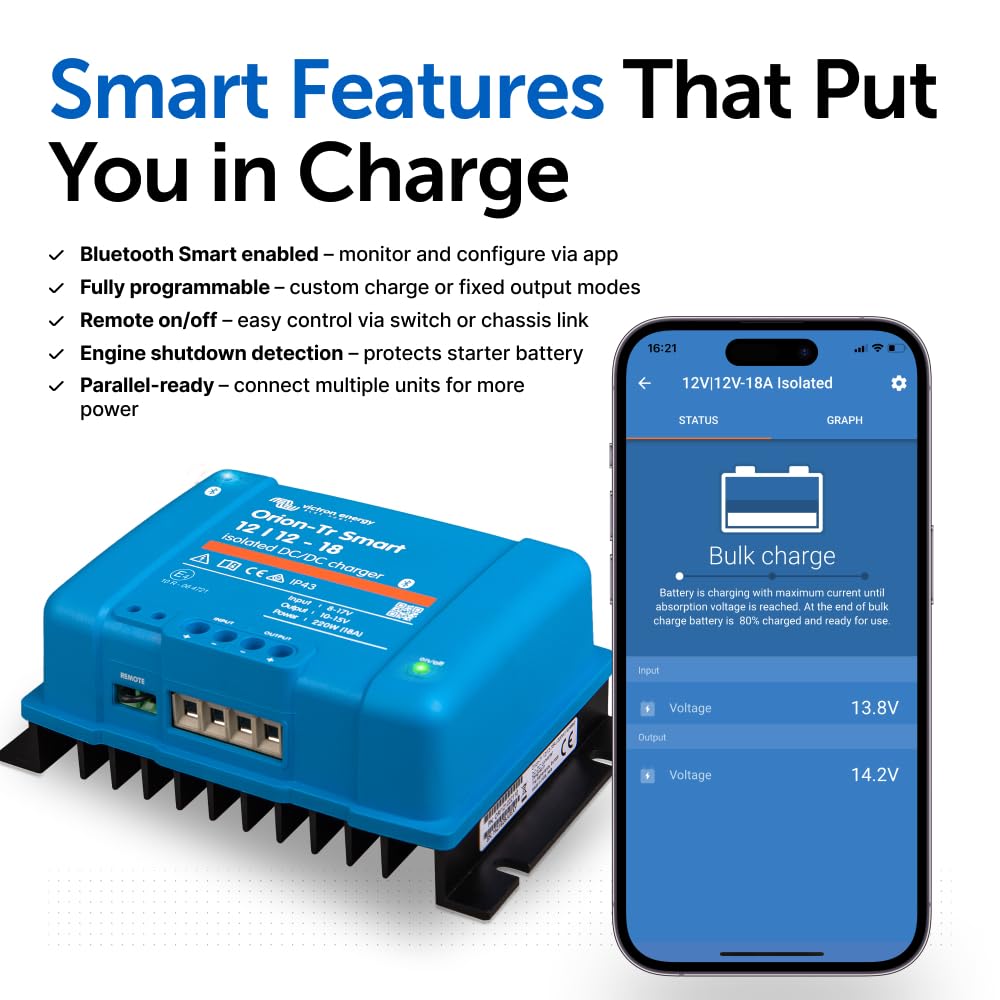 Victron Energy Orion-Tr Smart DC to DC Charger (Bluetooth) - 12/12-Volt 18 amp 220-Watt - Battery Charger for Dual Battery Systems - Isolated