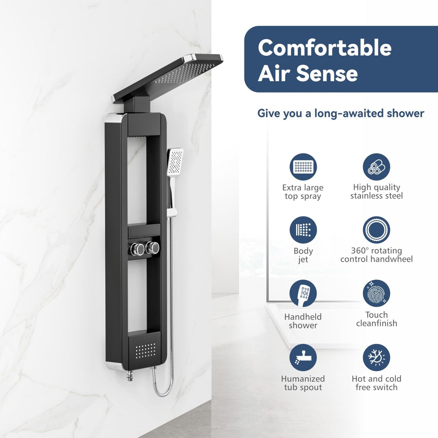 ELLO&ALLO Shower Panel Tower System with Shelf, Rainfall Shower Head and Rain Massage System with Body Jets, Stainless Steel Bathroom Fixtures, Black&Chrome
