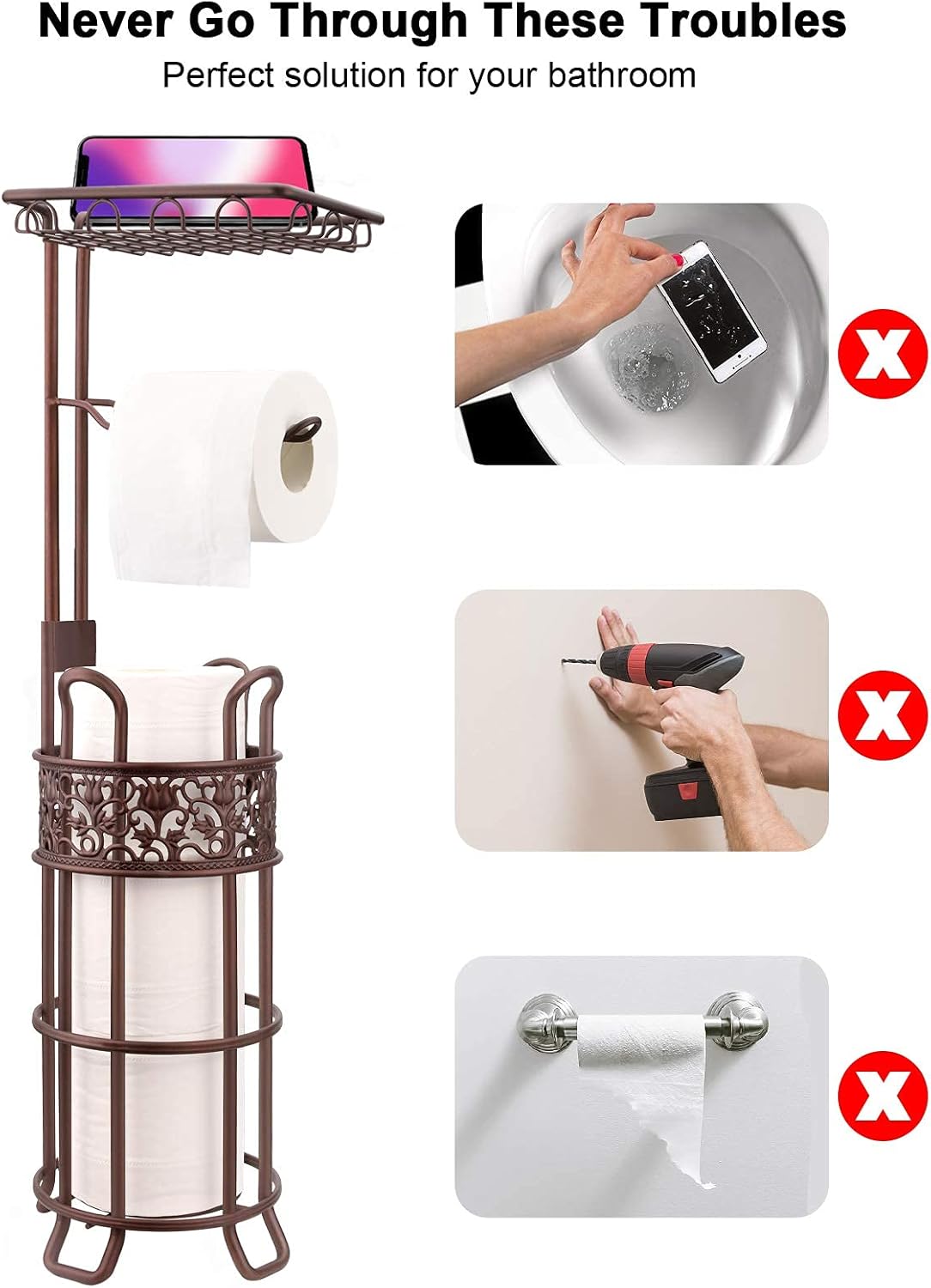Regine Switzerland Toilet Paper Holder Stand - Sturdy Freestanding Design for 3 Jumbo Rolls | Floral Bronze Red