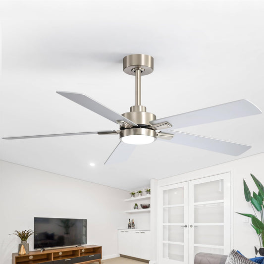 ZYD 52 Inch Brushed Nickel Ceiling Fan, Downrod Mount Brushed Nickel Ceiling Fan DC Motor 6-Speed Reversible, Quiet Ceiling Fans with Lights and Remote for Bedroom, Indoor & Covered Outdoor