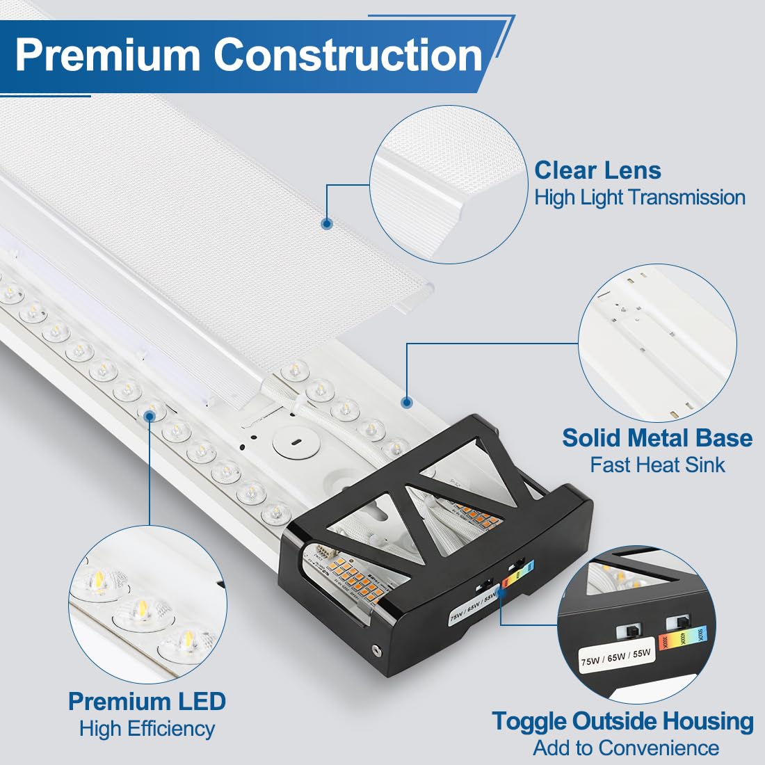 DAKASON 4FT LED Shop Lights for Garage Ceiling with Night Lighting, 48in LED Wraparound Light 75/65/55W 3/4/5000K Selectable, LED Ceiling Light Surface Mount for Office Workshop 4Pack
