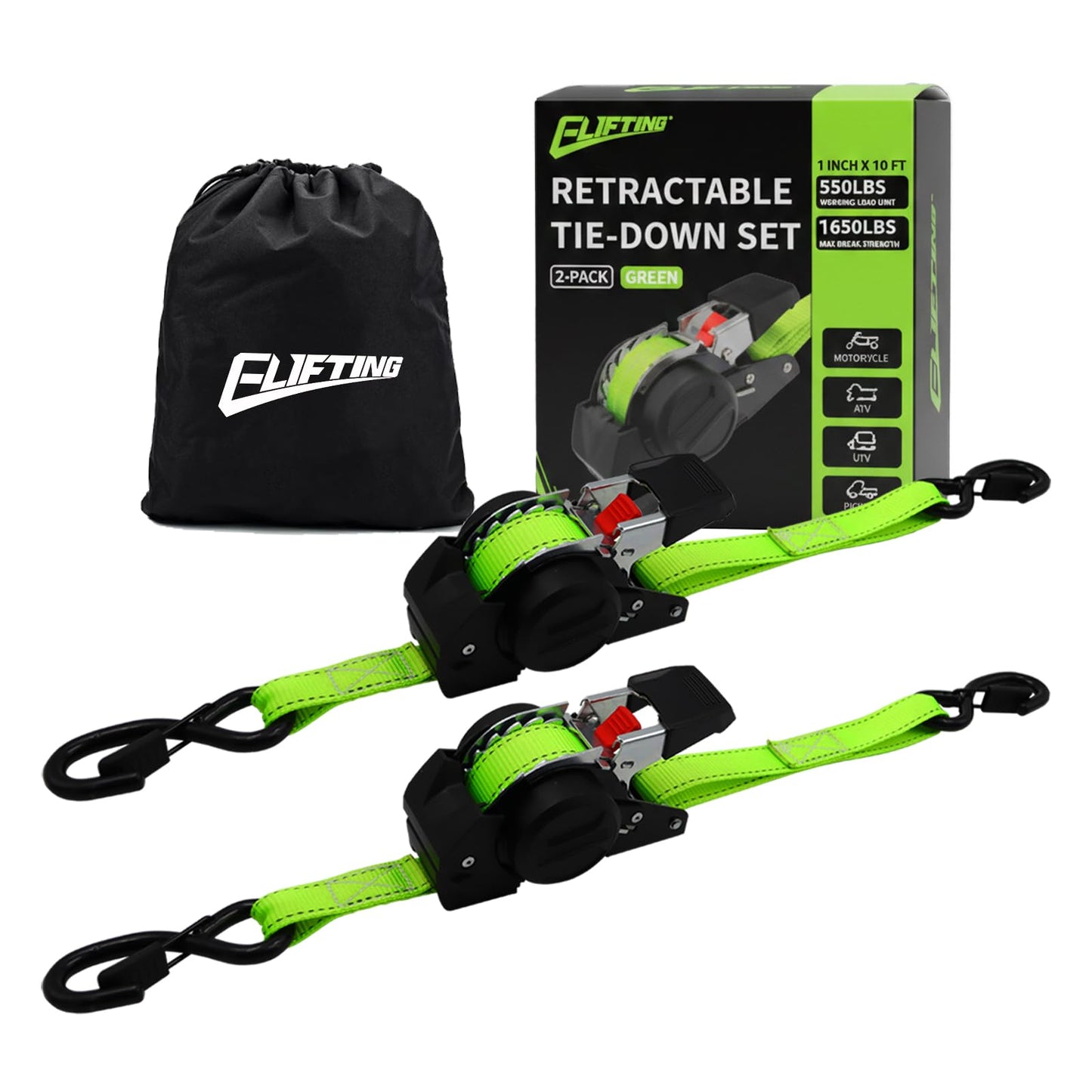ELIFTING Retractable Ratchet Straps (2-Pack) 1 Inch x 10 Feet Auto Self Retracting Tie Down Straps (1650lbs Break Strength) Reflective Safety Stitching for Motorcycle ATV UTV Truck Trailer - Green