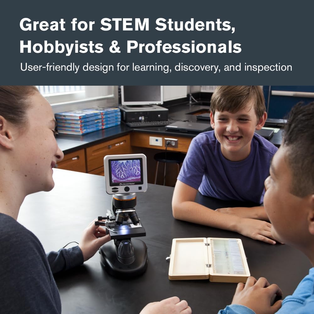 Celestron – LCD Digital Microscope II – 3.5" Screen – 5MP Camera – 40x–1600x Magnification – Rotating Head – SD Card Included – TV Output – Ideal for Slides, Labs, Classrooms, Biology, Education