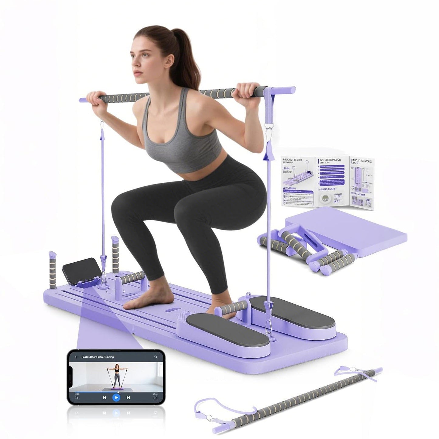 Pilates Reformer Board for Home Workouts, Foldable Pilates Machine with Timer & Resistance Bands, Full Body Workout Equipment for Core Training, Abs, Legs & Glutes