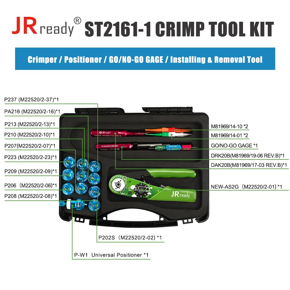 JRready ST2161-1 Aviation Crimp Tool Kit NEW-AS2G Miniature Crimper M22520/2-01 for G125 GO NO-GO GAGE 11 Pcs Positioners DAK20B DRK20B M81969/14-01 M81969/14-10 Installing Removal Tool