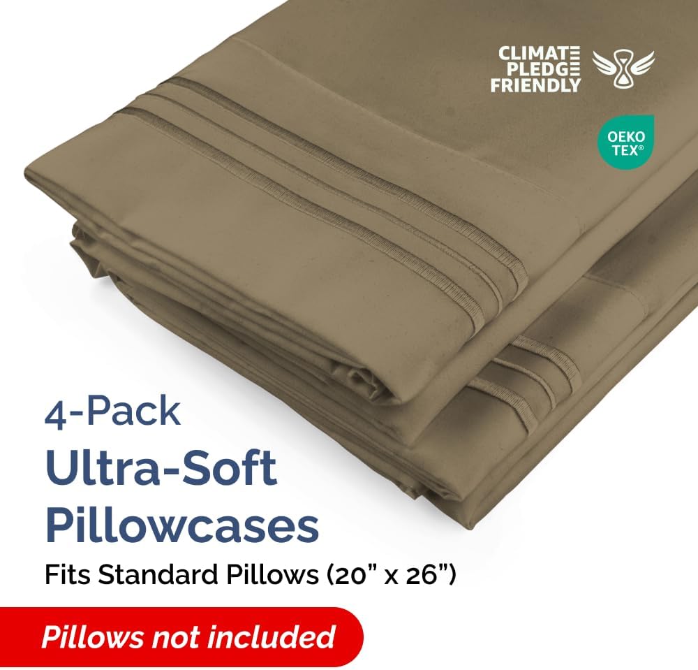 Skiennix Standard Pillow Cases Set of 4 - Ultra Soft Hotel Quality Covers - Machine Washable Khaki
