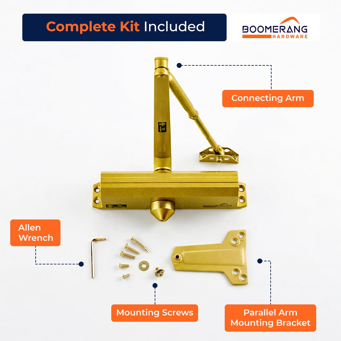 Boomerang Medium/Heavy Duty Automatic Commercial Door Closer -D4016 Surface Mounted, Grade 1- ADA & UL 3 Hour Fire Rated, Adjustable Size 1-6 for Entry & Aluminum Storefronts, Painted Brass/Gold (US4)