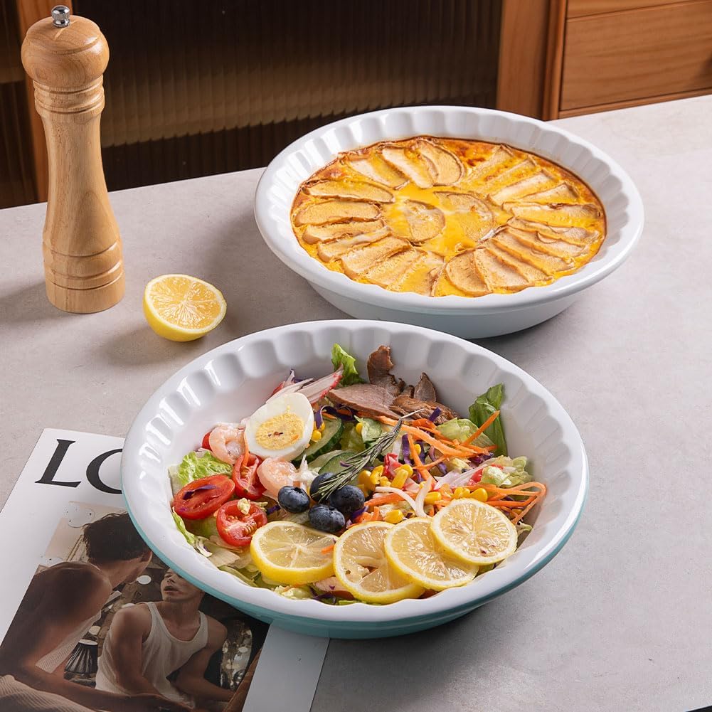 Sweejar Ceramic Pie Pan - 10.4 Inches Deep Fluted Porcelain Dish | Non-Stick Green Design for Baking