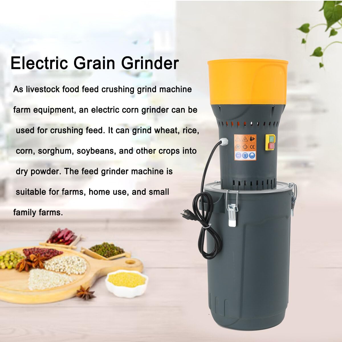 Grain Mill Corn Grinder, 1000w Electric Feed Grinder Mill Dust-Free Dry Cereals Grinder with Detachable Hopper & 5 Sieves for for Wheat Corn Grain Spice Coffee Beans 6.6 Gallons (25L)