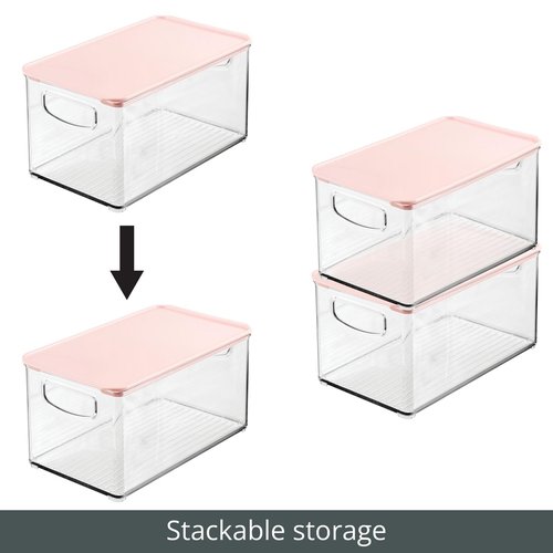 mDesign Deep Plastic Bathroom Storage Bin Box, Lid/Built-in Handles, Organization for Makeup, Hair Styling Tools, Toiletry Accessories in Cabinet, Shelves, Ligne Collection, 2 Pack, Clear/Pink