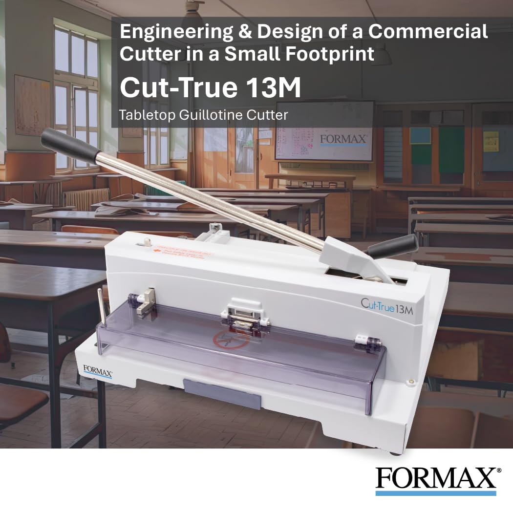 FORMAX Cut-True 13M Tabletop Manual Guillotine Cutter, Manual lever handle, 14.5” Maximum Cutting Width, 5/8” Maximum Paper Stack Height, 1.58” Narrow Cut, LED Laser Cut Line, Blade Change Handles