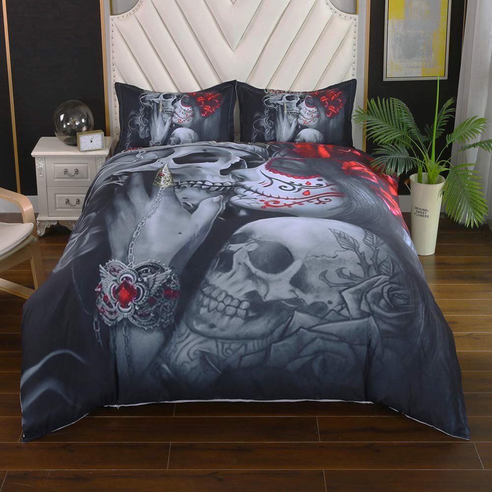 Suncloris 3D Dark Gothic Sugar Skull Roses Queen Duvet Cover Set 3Pcs (Queen)