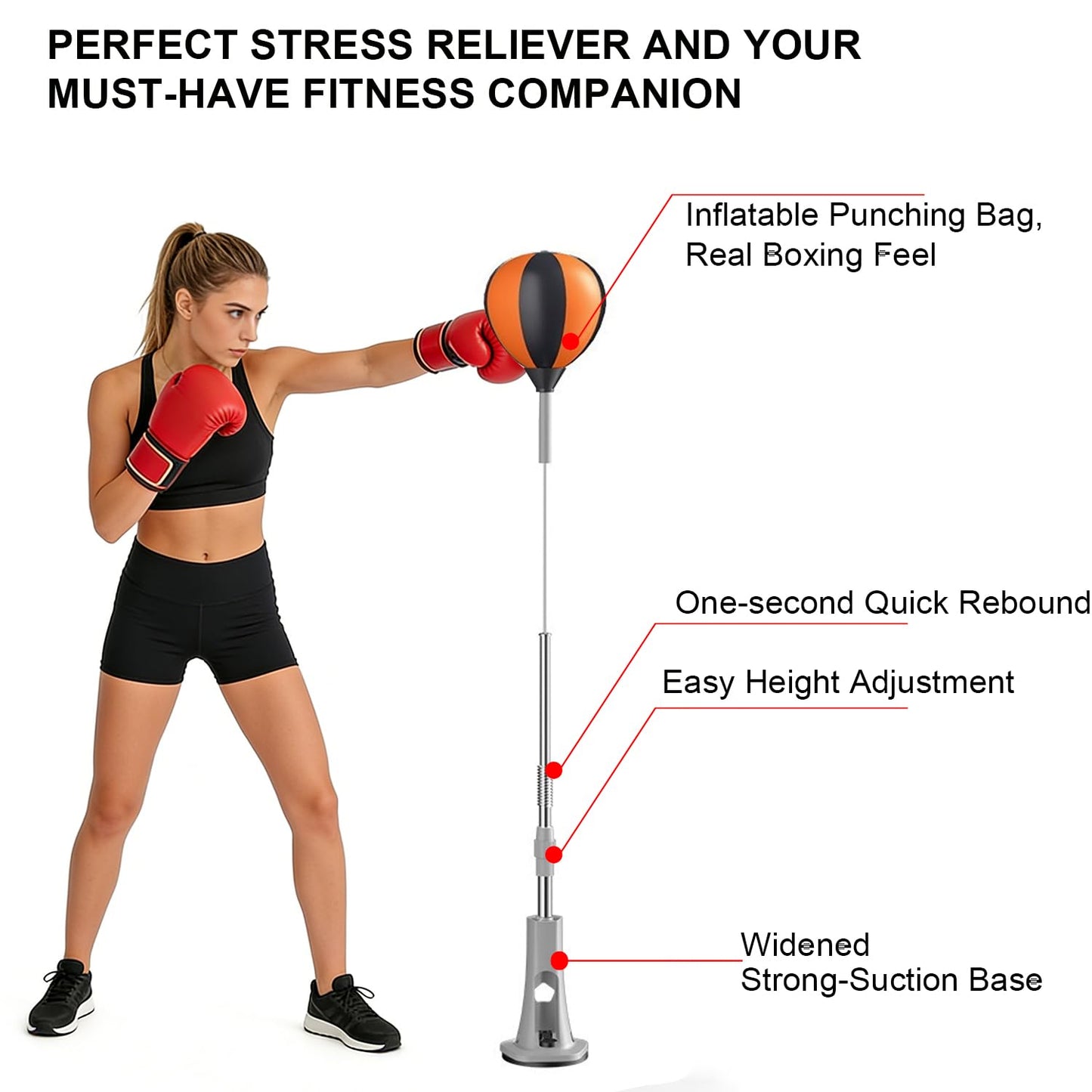 Punching Bag with Stand, Fast Bounceback Reflex Boxing Bag for Adults & Teens, Height Adjustable Speed Bag for Training, Boxing Equipment, One-Touch Suction Attachment