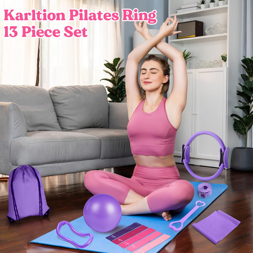 Karltion Pilates Ring 13 Piece Set,Pilates Kit for Women Exercise Equipment Accessories Deformation Magic Circle with Padded Handles, Workouts Ball, Guide & Bag, Resistance Bands for Legs Arms-Purple