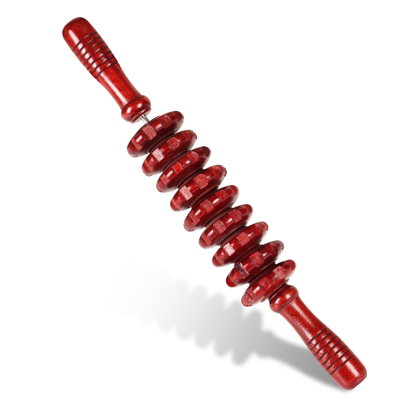 Liitrton Manual Wooden Fascia Massage Roller Trigger Points for Release Cellulite Sore Muscle Blasting (Red straight-9-Wheel)