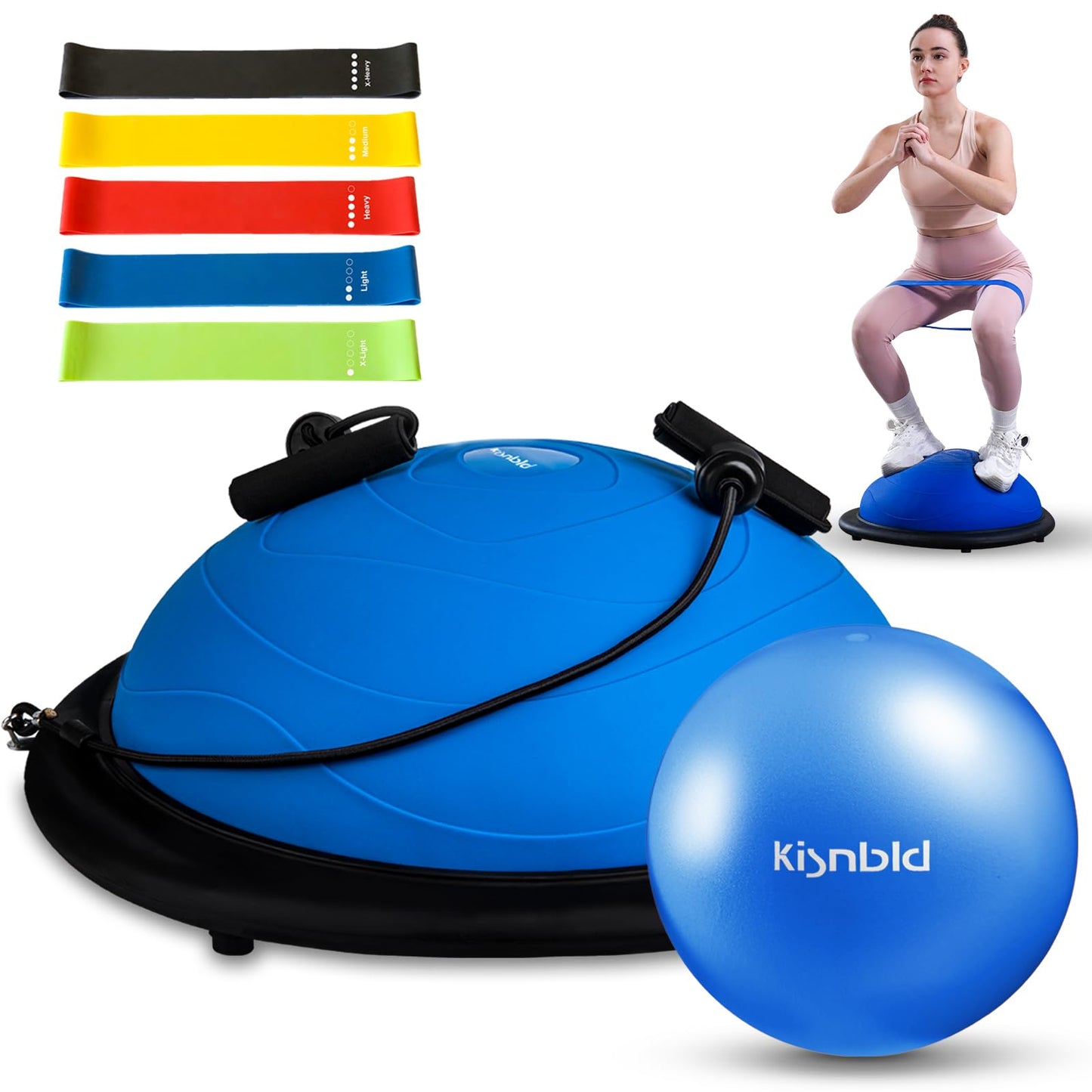 kisnbld Half Balance Ball Trainer, Inflatable 19/23 Inch Half Exercise Ball with Resistance Bands and Pilates Bal, Non-Slip 660lbs Capacity Yoga Ball for Home Gym Full Body Workouts
