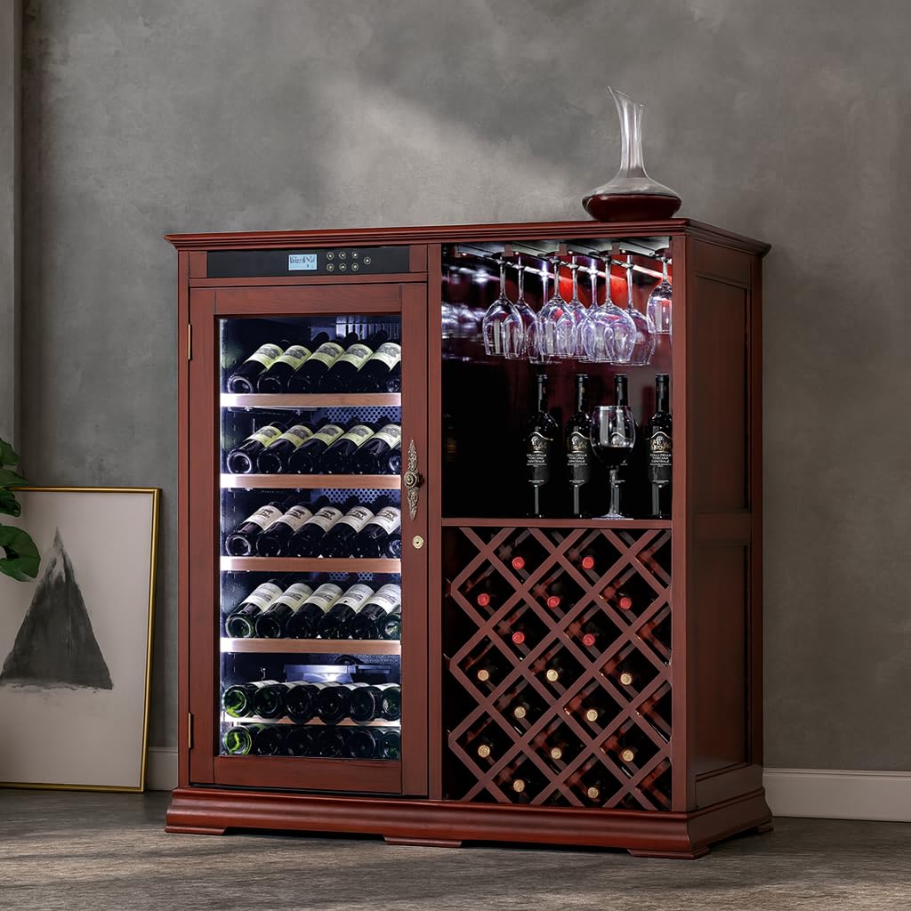 KEIKI Freestanding Wine Refrigerator with Wood Cabinet, 69 Bottle Single Zone Wine Cooler, Humidity Control Tempered Glass Door, LED Light Lockable Pull-Out Shelves, for Home Bar Kitchen, Cherry