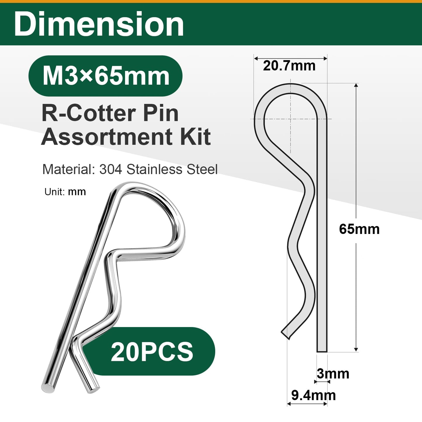 20Pcs Cotter Pins R Clips, Stainless Steel Hitch Pin Clips for Trailer, Tractor, and Automotive Repair, M3x65mm