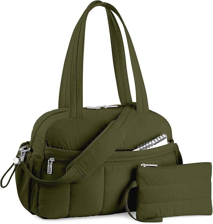 TOPDesign Travel Duffel Bag for Women, Puffer Gym Bag Sports Tote with Wet Pocket, Carry On Weekender with Luggage Sleeve (Dark Green)