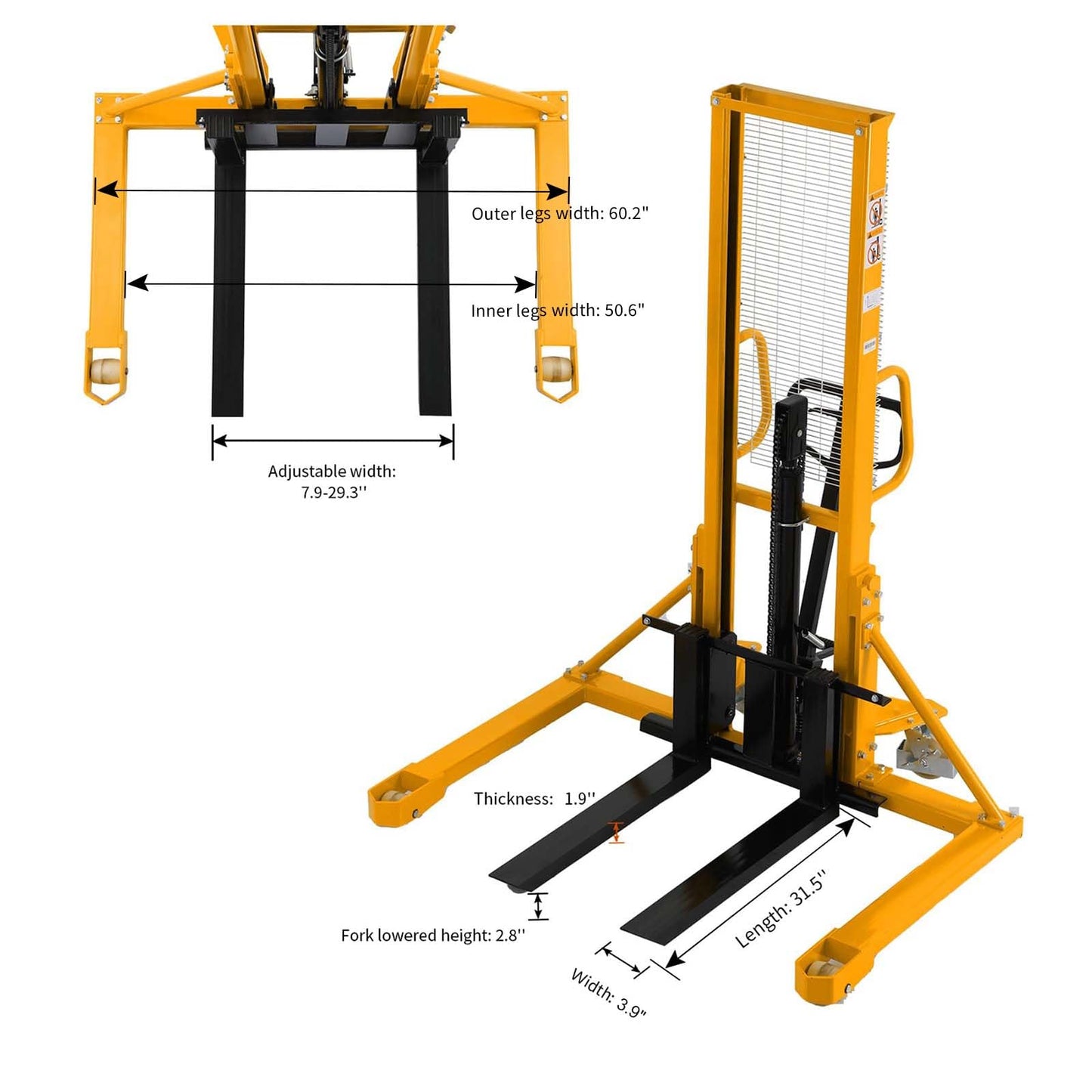 APOLLOLIFT 2 Pices Manual Forklift Pallet Stacker Lift Stacker Straddle Legs 1100lbs Capacity 63inch Max.Lifting Height Adjustable Forks