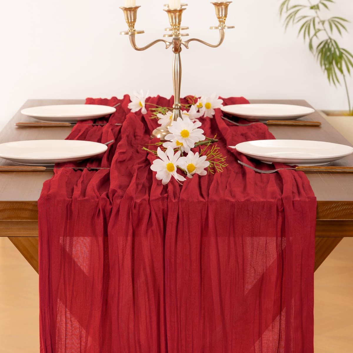 Socomi Red Cheesecloth Table Runner - 120 Inch Boho Rustic Decor for Weddings & Events