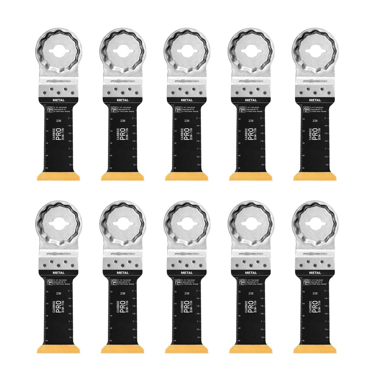 Fein Starlock Max E-Cut Carbide Pro Saw Blade - Precision Cutting for Hard Metals, Tempered Screws and Abrasive Materials, TiN Coated, 1-1/4" Width, 3" Length, 10-Pack - 63502238240