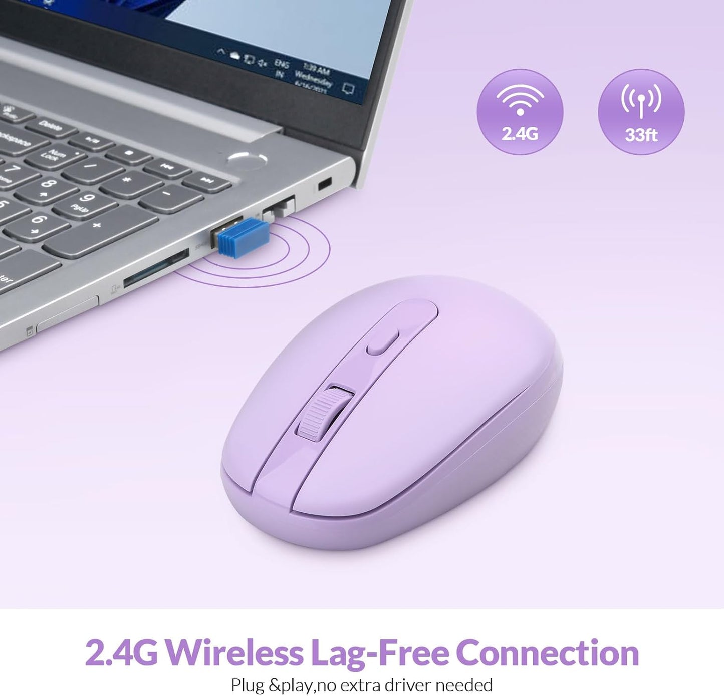 Rii RM700 2.4G Wireless Mouse Silent Mouse with USB Nano Receiver for Laptop,PC,Mac,Chromebook,Windows (Purple)
