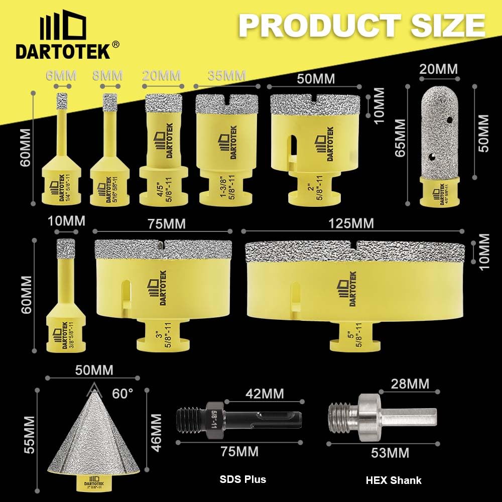 Diamond Core Drill Bits Set 12PCS - DARTOTEK Tile Hole Saw Kit (6/8/10/20/35/50/75/125/20mm/2/SDS/HEX for Porcelain, Ceramic Tile, Granite, Marble, Masonry