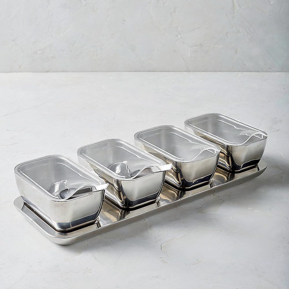 Frontgate Super Chill Insulated Stainless Steel Condiment Server, 4-Section Cold Food Serving Tray with Lids, Double-Wall, Ice-Free Gel Cooling