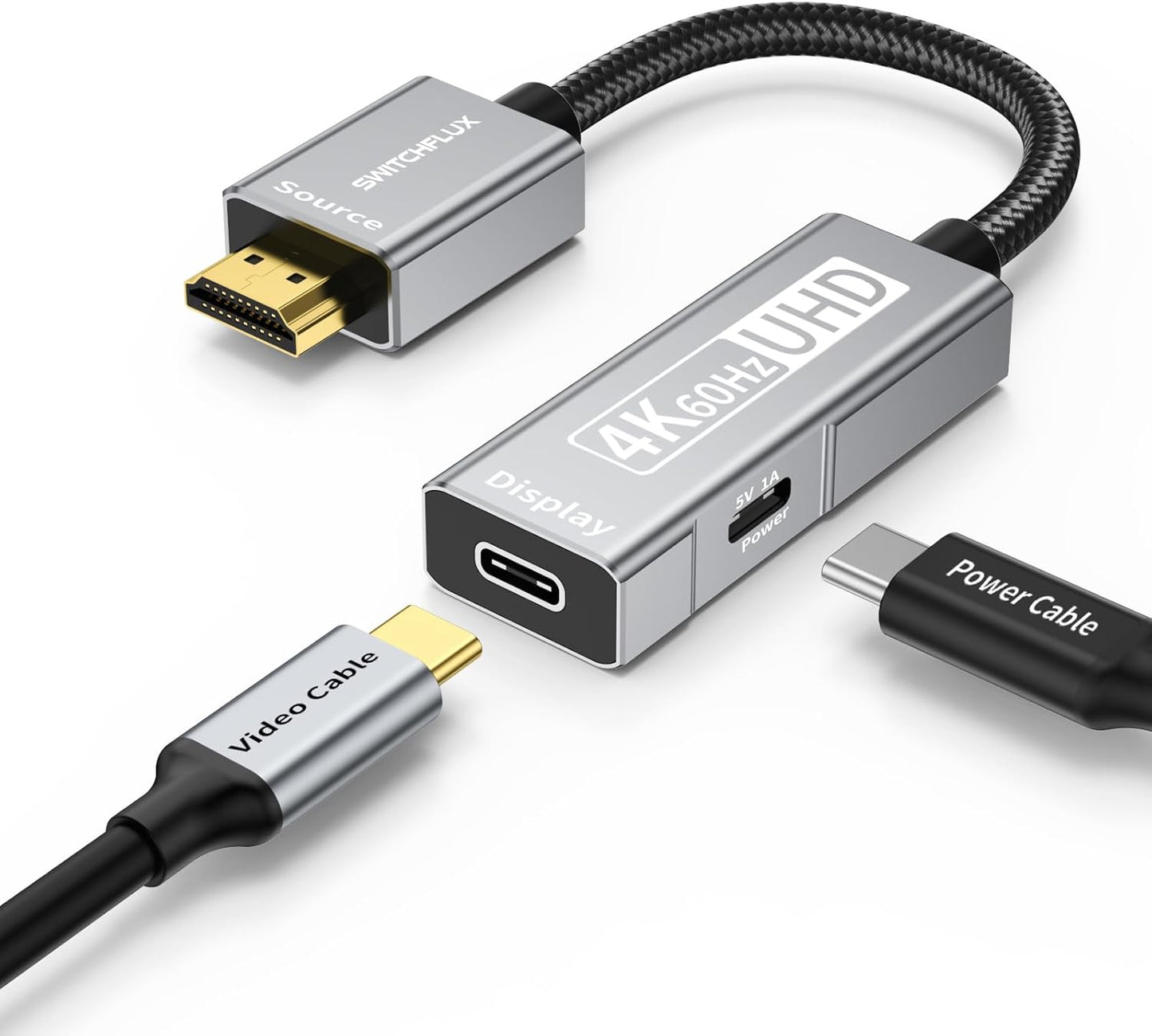 SWITCHFLUX Adapter,4K60Hz 2 2s,PS5,Switch,Xbox,Portable HDMI to USB C Uni-Directional HDMI (Source) to USB C (Display)