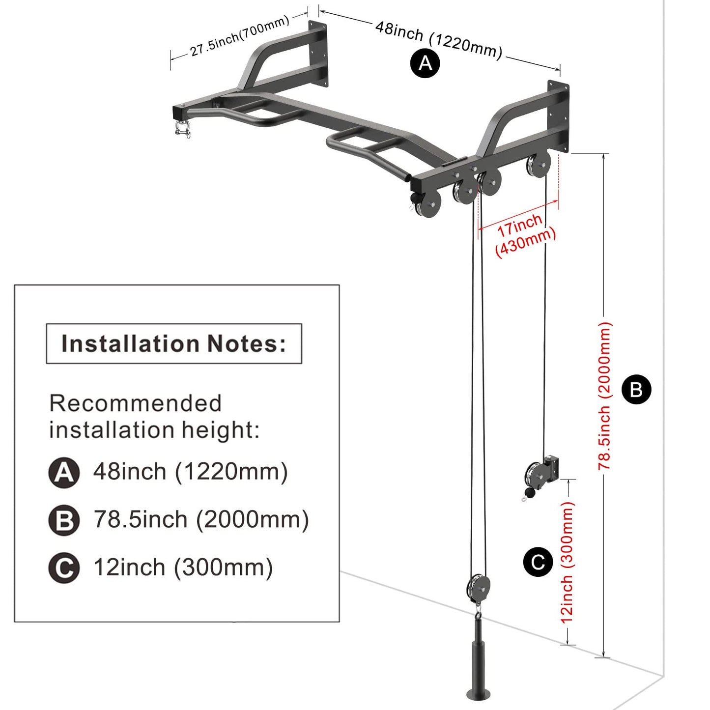 Kipika 48" Ceiling Mounted Pull Up Bar, Heavy Duty Multi-Grip Chin Up Bar,Mounted Pullup Bar, Adjustable Height, Pull Up Bands for Chin Ups & Body Stretching, Ideal for Home Gym and Strength Training (48" Cable Pulley System)