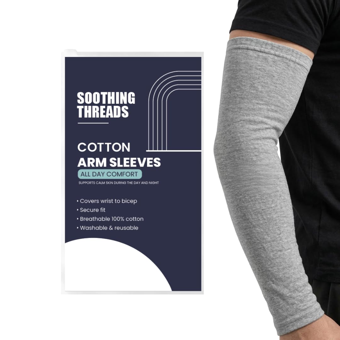 SoothingThreads 100% Organic Cotton Protective Arm Sleeves for Adults – Anti-Scratch All-Day Wear Elbow Sleeves with Secure Fit, Reusable & Washable – 1 Pair, S/M/L (Gray, Small)