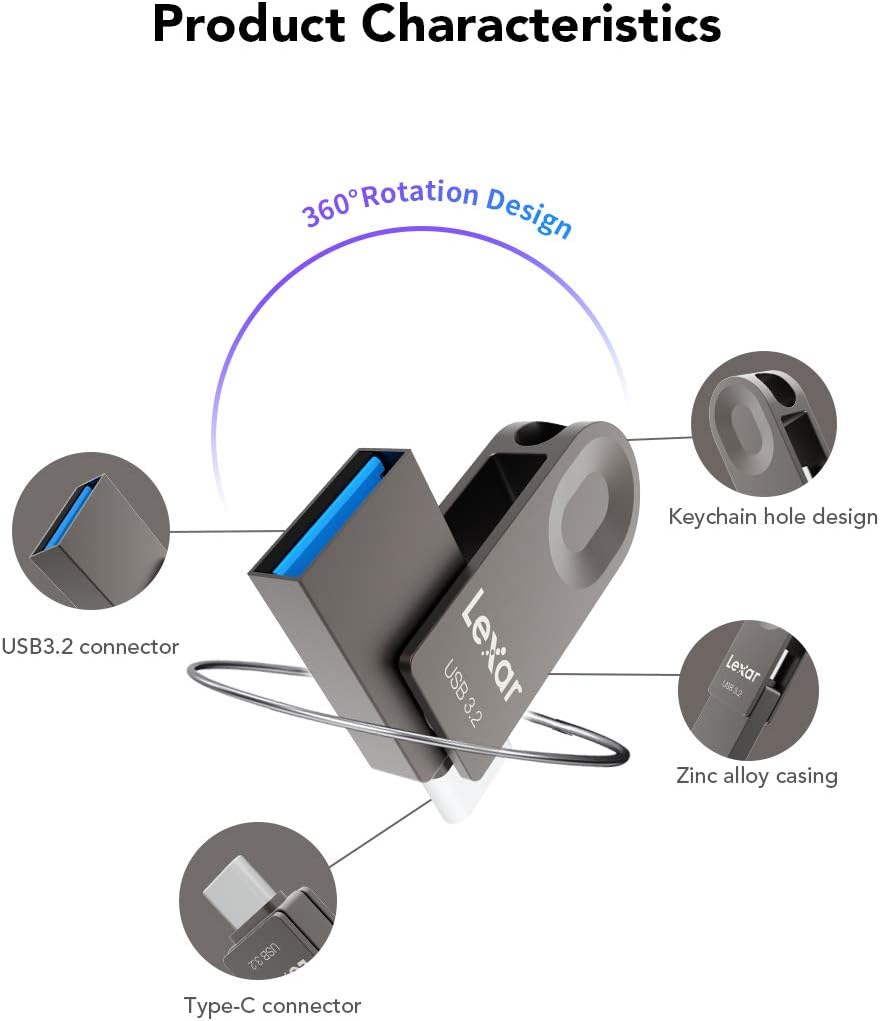Lexar E32C 64GB 3.2 1 100MB/s 3.0/2.0, Type-C USB Flash Drive, USB-A&USB-C Gen Dual Drive OTG Read, Thumb Drive Swivel
