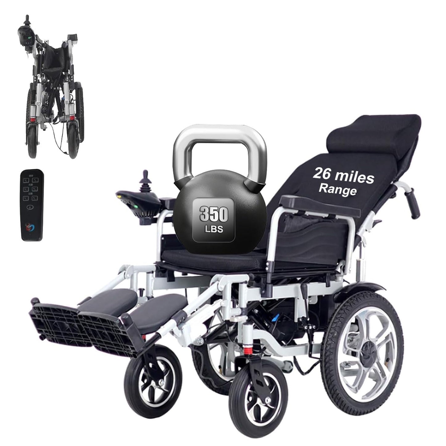 Reclining Foldable Electric Wheelchair for Adults,26 Miles Long Range Motorized Wheelchair for Seniors,Intelligent All Terrain Power Wheelchairs with Remote Control,Folding Compact Airline Approved