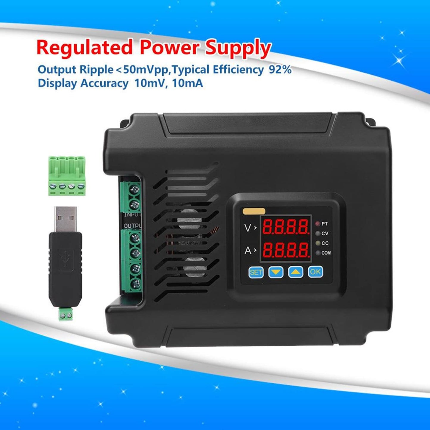 Garosa DPM8650-485RF Programmable Switching Power Supply+Wireless Controller 0-60V 0-50A 300W RS485 Interface ABS Black 120x80x25mm Single Output with 2.4 Inch LCD Screen