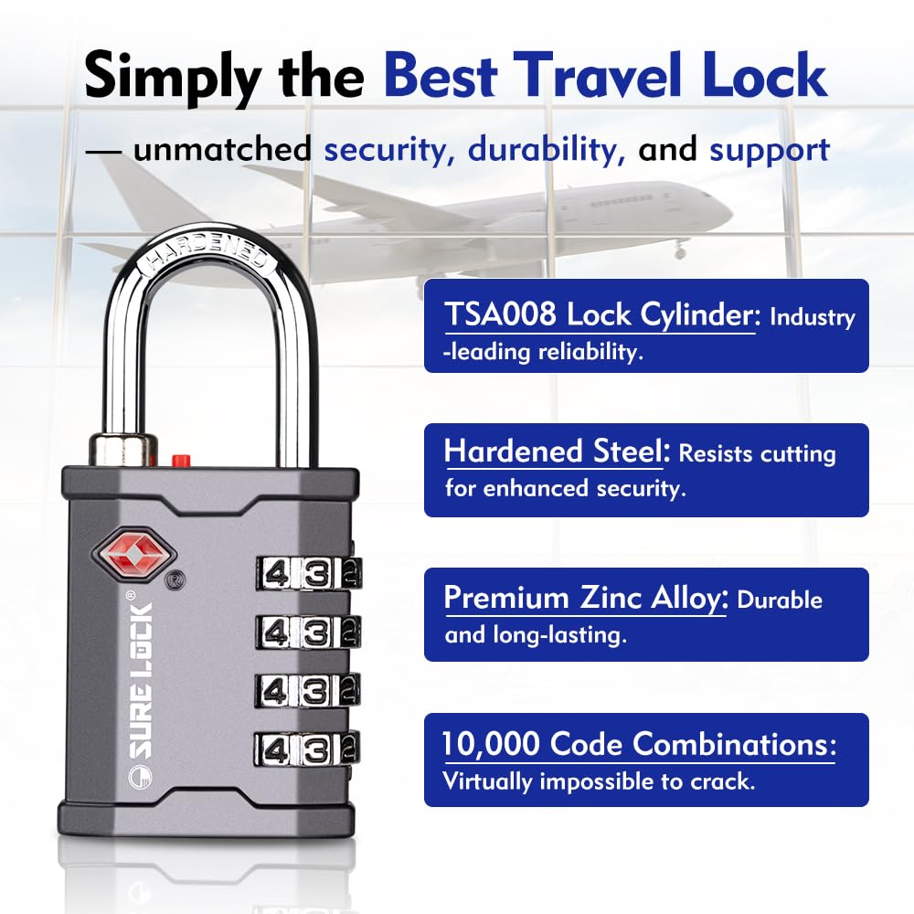 SURE LOCK TSA Accepted 4 Dig Heavy Duty Big Combination Luggage Padlock All Metal Travel Lock for Equipment Hard Case Luggage Gun Case Gym Locker Pelican Vault Lock (2, Grey)