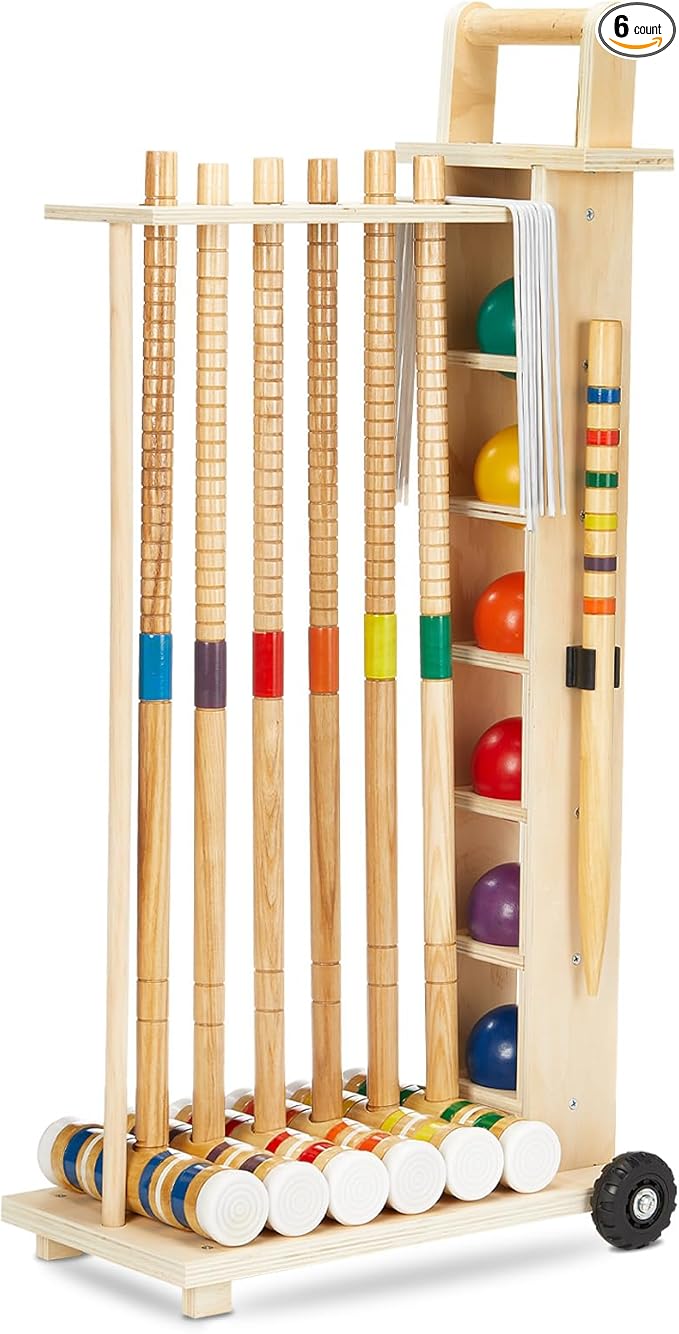 Hiboom 6 Player Croquet Set for Adults & Kids with Wooden Stand, Rubber Wooden Mallets, Colored Balls and Steel Wicket for Family & Friends, Great for Outdoor Lawn, Backyard Park