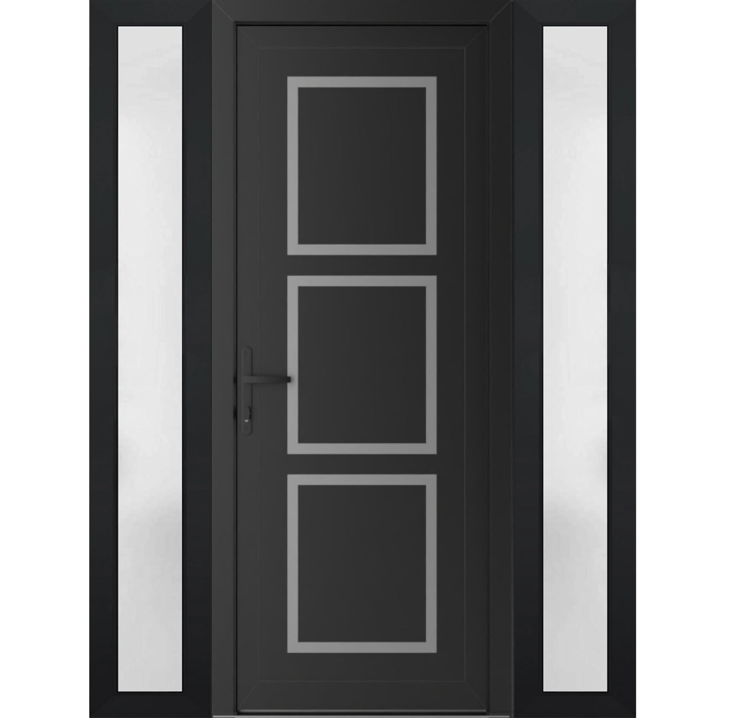 VDOMDOORS Front Exterior Prehung Metal-Plastic Door Frosted Glass | Manux 8661 Matte Black | 2 Side Sidelite Transoms | Residential Doors Entrance Patio Garage 60 x 80 (W12+36+12 x H80) Right-Inswing
