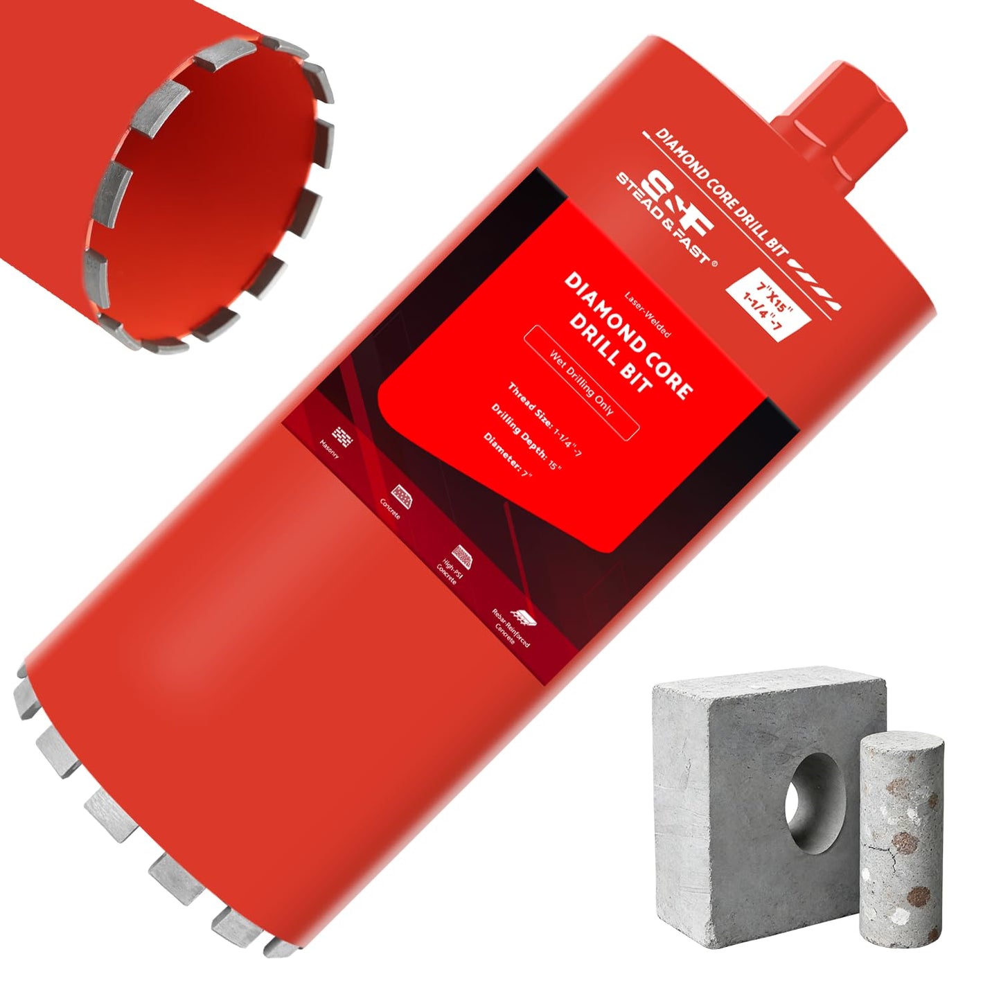 Diamond Core Drill Bit for Concrete, Masonry, Reinforced Rebar Concrete 7 Inch, Wet only, 15" Drilling Depth, 1-1/4"-7 Thread, Superior Welded Core Drill Bits with Roof-Top Segment