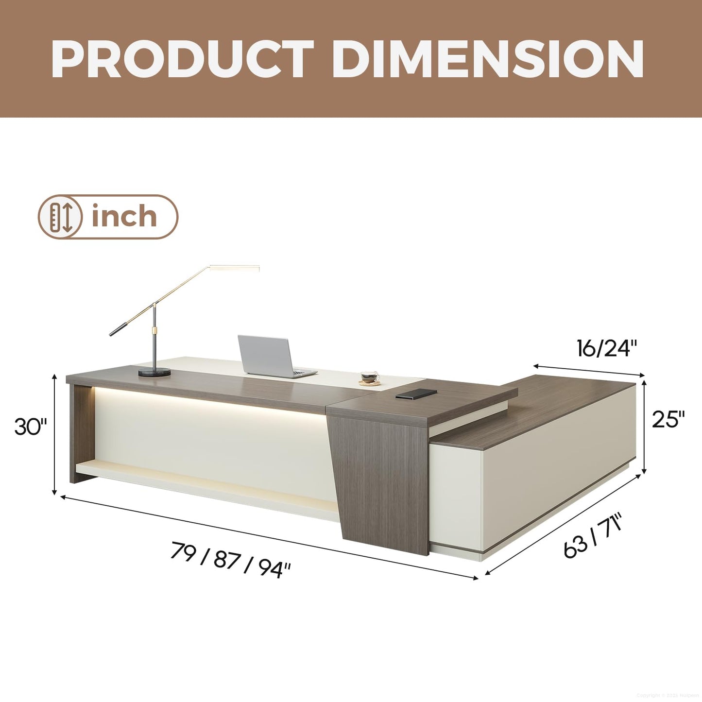 79-Inch L Shaped Executive Desk with Drawers, Large Modern Office Desk with Storage Shelves, LED Lighting, Built-in Power Outlet & USB Ports, Home Office Desk, Smoked Oak & Cream White, Left Return