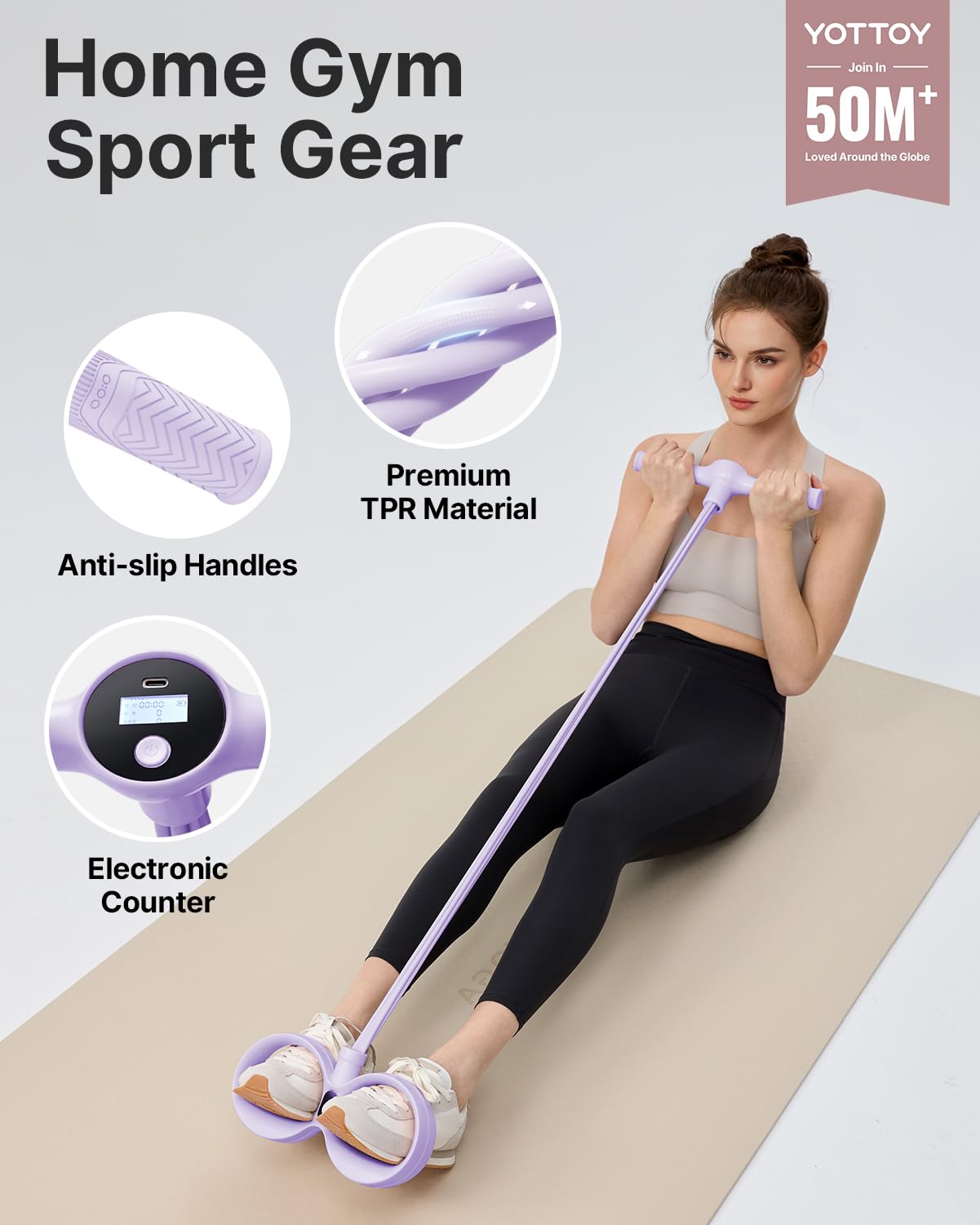YOTTOY Smart Foot Pedal Puller with Digital Counter, Pedal Puller Resistance Band System with Handles for Full Body Stretching Yoga Home Workout, Purple