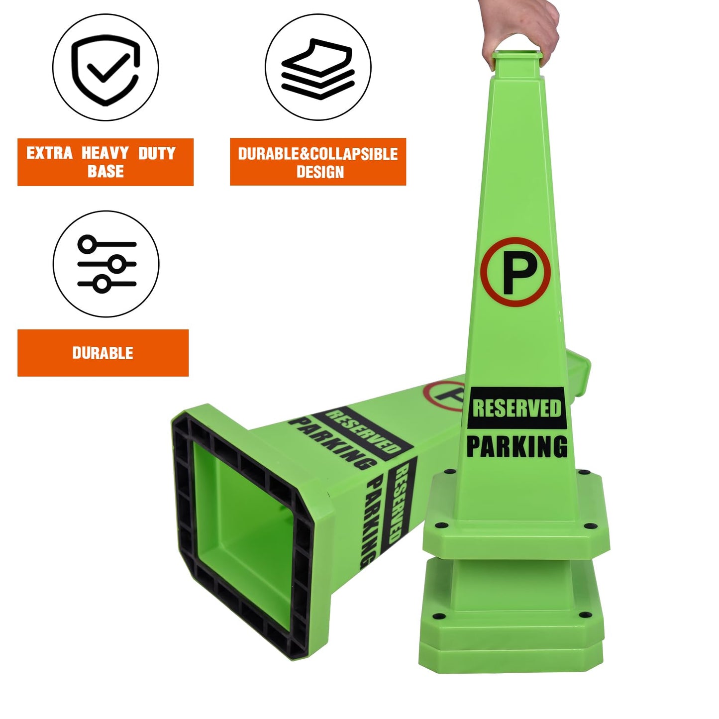 OranclUS 3 Pack 36 Inch 4-Sided Safety Cone, “Revised Parking” Green Message Cone, Extra Tall High Visibility Durable PVC Stackable Traffic Cones (3, Green-Revised Parking, 36inch Printed)