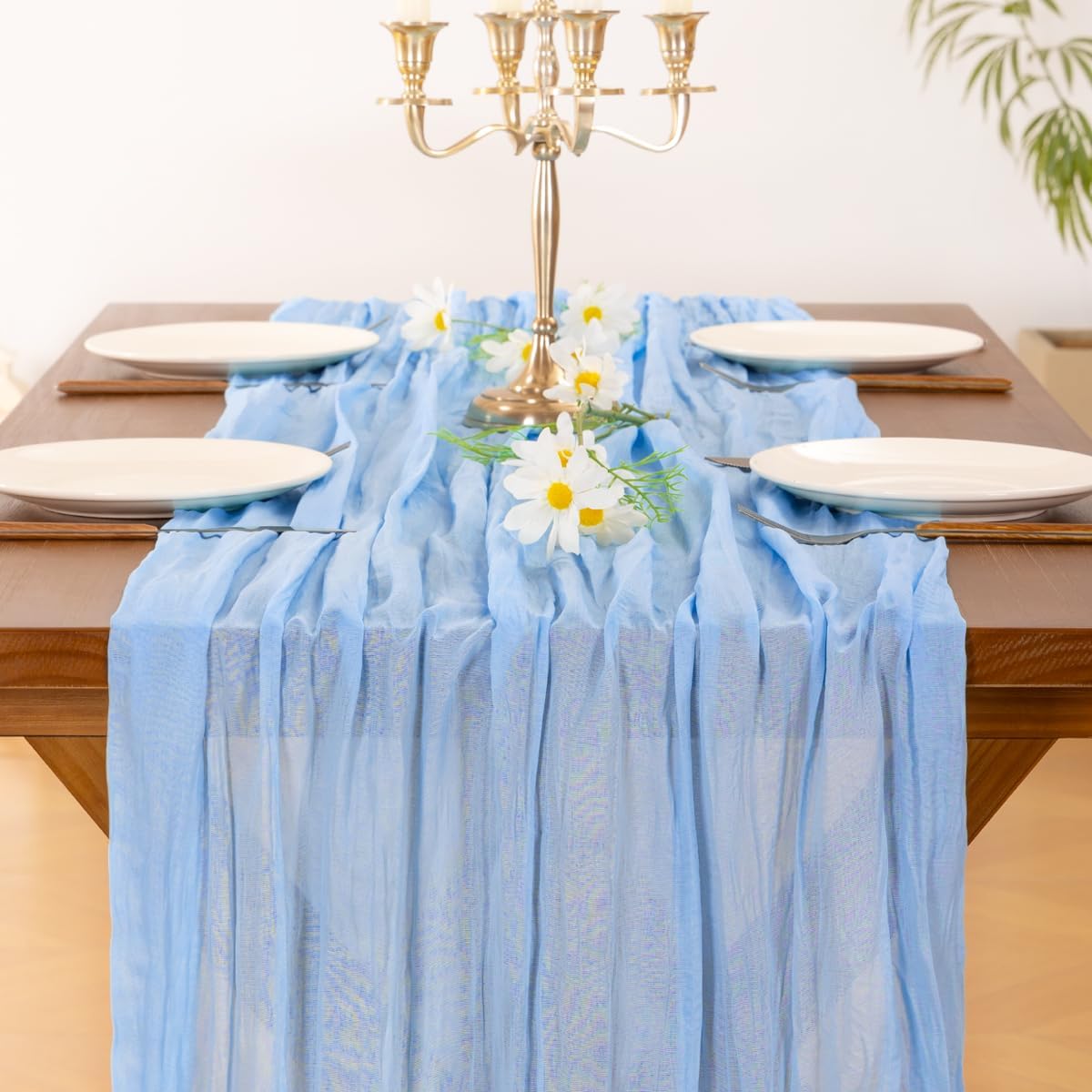 Socomi Cheesecloth Table Runner - 120 Inch Blue Boho Rustic Design for Weddings & Parties