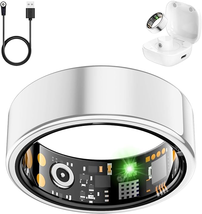 Smart Health Ring for Women Men, Fitness Tracker Ring with Heart Rate, Blood Oxygen, Sleep Tracker, Step Tracker, No Subscription Fee, IP68 Waterproof Smart Ring for iPhone & Android (Silver, 9#)