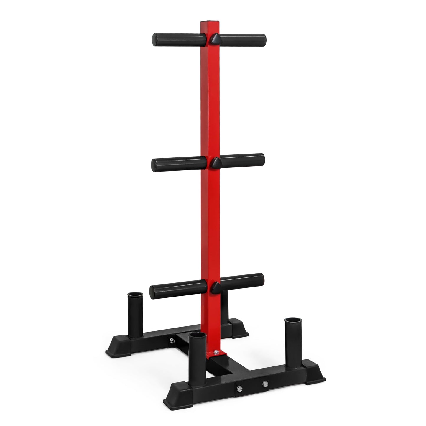CAP Barbell Olympic Bumper Plate Tree Rack with 6 Weight Plate Posts and 4 Barbell Storage Holders – Heavy-Duty Steel Gym Organizer for Olympic Plates and Bars - Black/Red