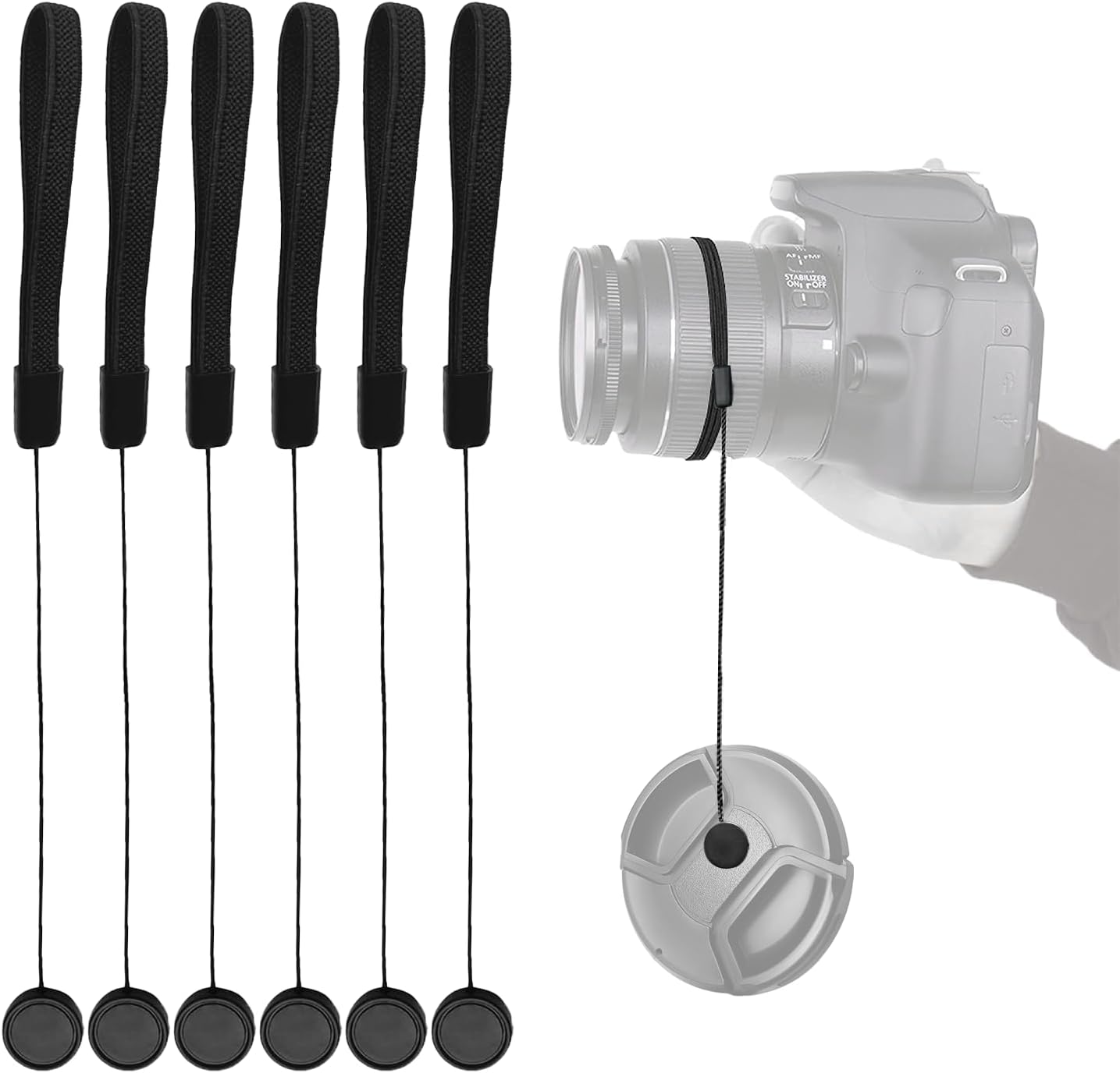 QQM 6 Pcs Lens Cap Keeper Cord, Camera Lens Cap Leash for DSLR & Mirrorless Lenses - Lens Cap Tether/Lens Holder