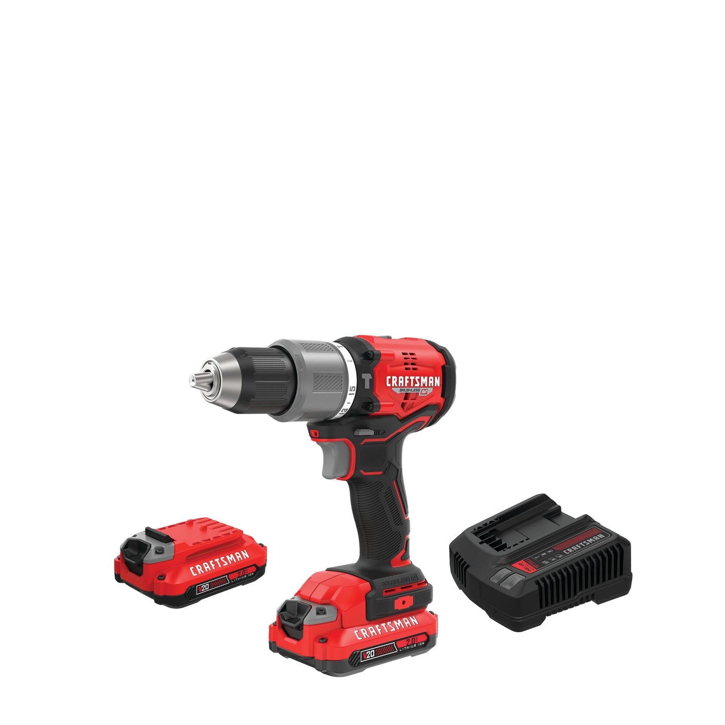 CRAFTSMAN V20 Cordless Hammer Drill Kit, 1/2 inch, 2 Batteries and Charger Included (CMCD732D2), Black
